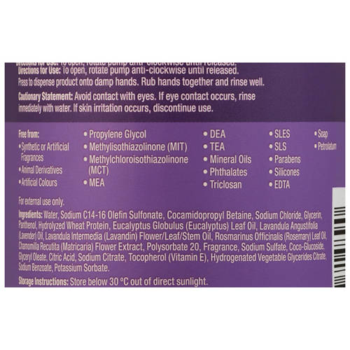 Ingredients 1, Handwash Lavender & Rosemary 500ml