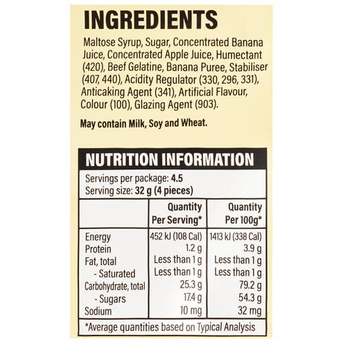 Ingredients 1, Fruit Splitz Peelable Gummy Banana 144g