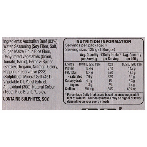 Nutrients 1, Beef Burgers 500g