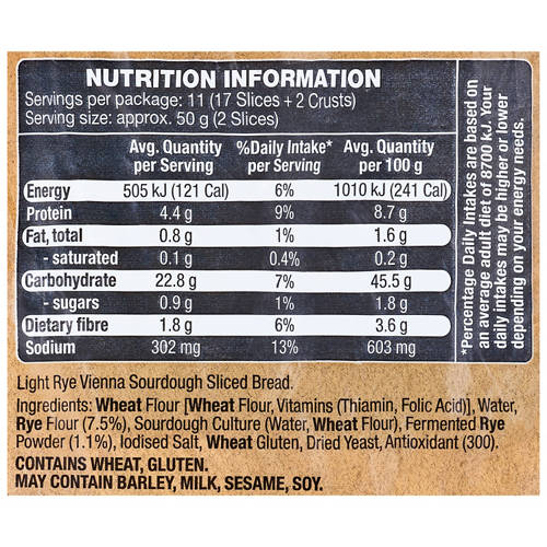 Ingredients 1, Light Rye Vienna Sourdough 550g