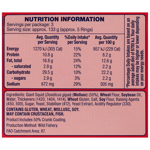Nutrients 1, Crumbed Calamari Rings 400g