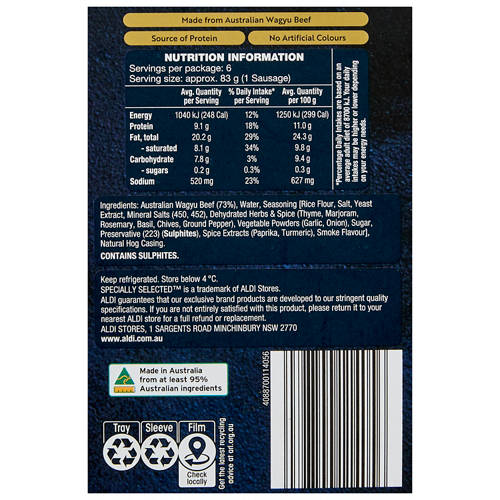 Nutrients 1, Wagyu Beef Sausages 500g