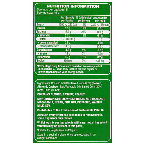 Nutrients 1, On The Go Salted Mixed Nuts 5 Pack 225g