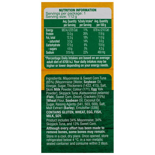 Nutrients 1, Mayo And Sweetcorn Tuna Treats With Crackers 112g