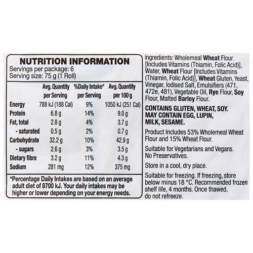 Nutrients 1, Wholemeal Bread Rolls 6 Pack 450g