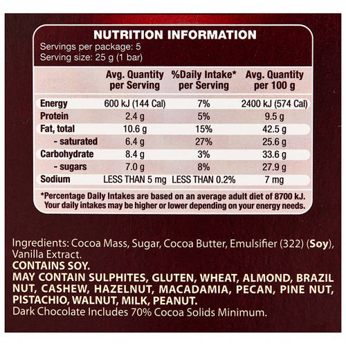 Nutrients 1, Dark Chocolate 70% Cocoa 5 Pack 125g
