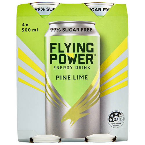Front shot 2, Flying Power Energy Drink Pine Lime 4 Pack 500ml