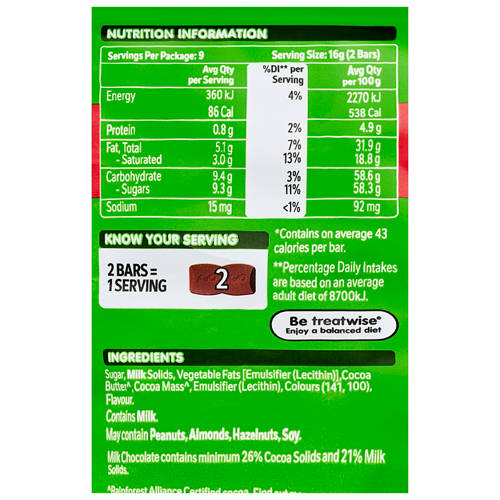 Ingredients 1, Aero Chocolate Mini Mint 18 Pack 144g