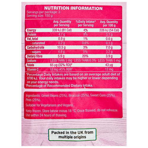 Nutrients 1, Green Beans, Sweet Corn, Broccoli & Peas Quicksteam Vegetables  3 Pack 450g