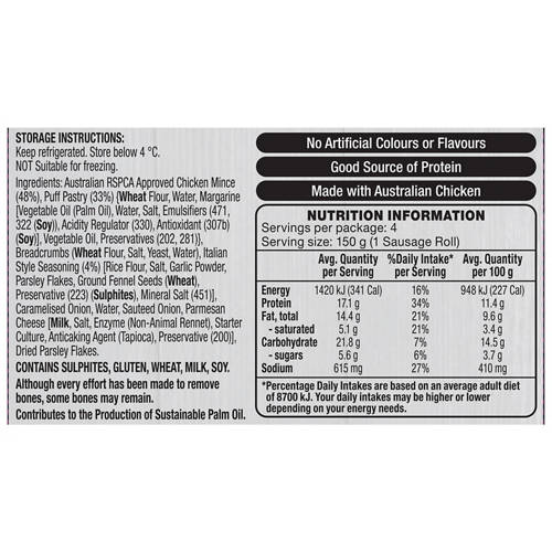 Nutrients 1, Italian Style Chicken Sausage Rolls 600g 4pk