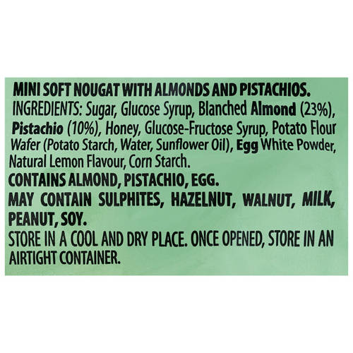 Ingredients 1, Torroncini Con Mandorle Mini Soft Nougat Almonds and Pistachios 130g