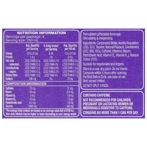 Nutrients 1, Sugar Free Passionfruit Energy Drink 4 Pack 250ml