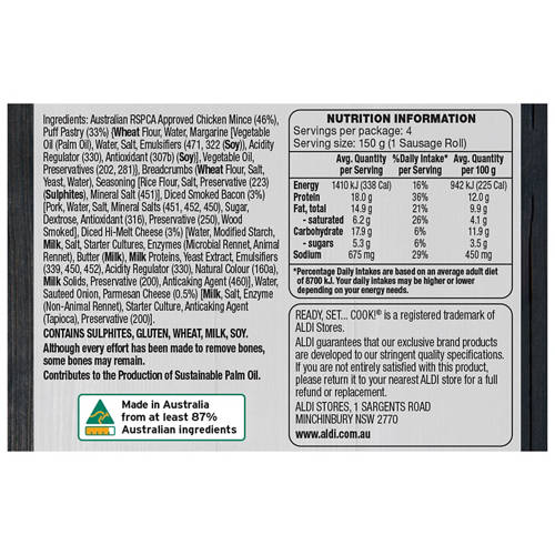 Nutrients 1, Chicken, Cheese & Bacon Sausage Rolls 600g