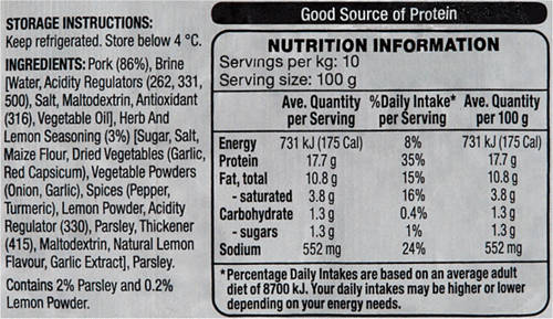 Nutrients 1, Herb & Lemon Butterflied Pork per kg