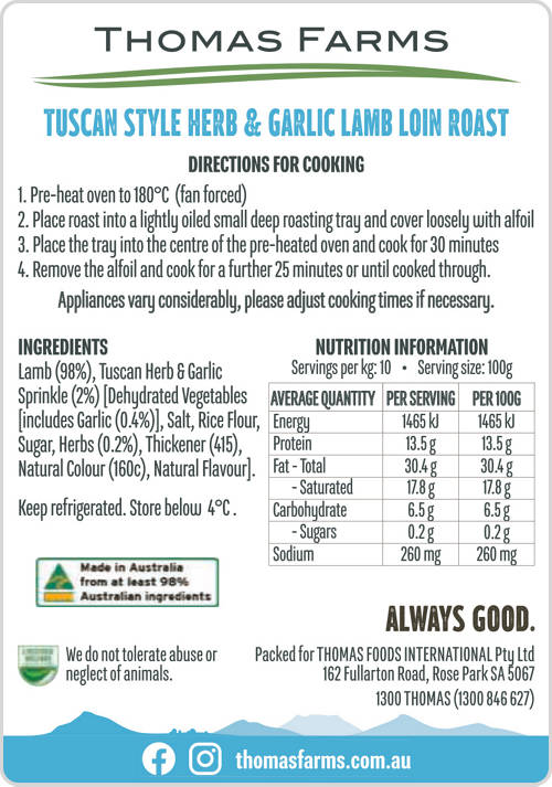 Nutrients 1, Tuscan Style Herb & Garlic Lamb Loin Roast