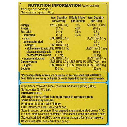 Nutrients 1, Yellowfin Tuna Slices In Springwater 125g