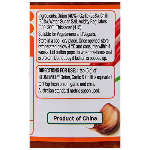 Ingredients 1, Crushed Onion, Garlic & Chilli 230g