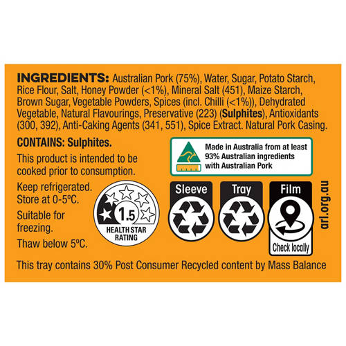 Ingredients 1, Hot Honey Pork Sausages 500g