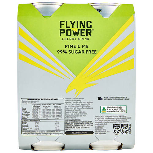 Front shot 3, Flying Power Energy Drink Pine Lime 4 Pack 500ml