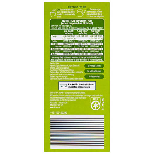 Front shot 3, Organic Chai Tea Bags 50 Pack 90g