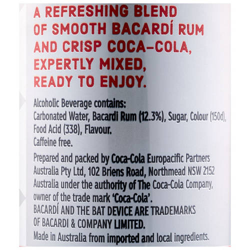 Ingredients 1, Rum and Coca Cola Cans 4 Pack 330ml