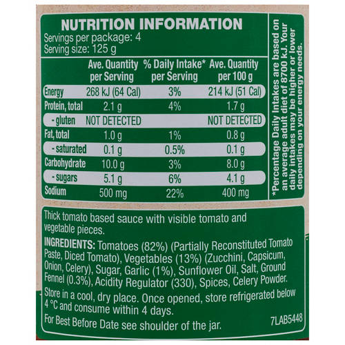 Nutrients 1, Chunky Garden Vegetables Pasta Sauce 500g