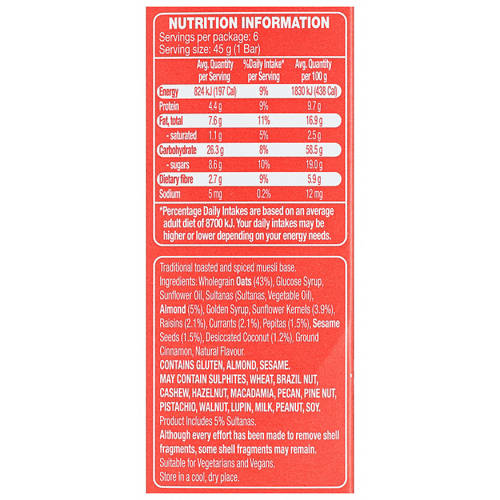 Ingredients 1, Fruit & Nut Premium Muesli Bar 6 Pack 270g