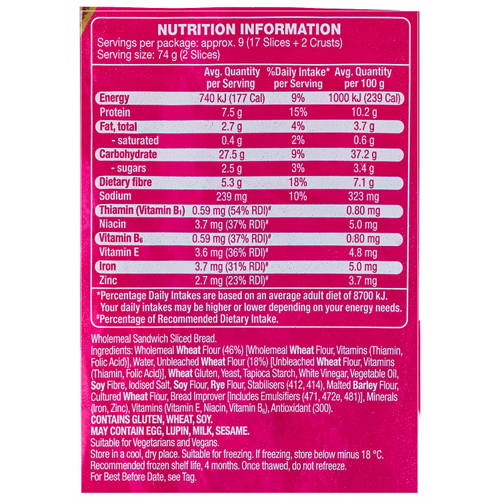 Nutrients 1, Viva Wholemeal High Fibre Vitamins & Minerals Sandwich 700g