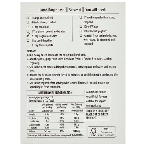 Front shot 3, Food Craft Cape Herb and Spice Meal Solution Rogan Josh 50g