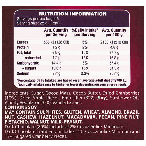 Nutrients 1, Finest Dark Cranberry Chocolate 5 Pack 125g