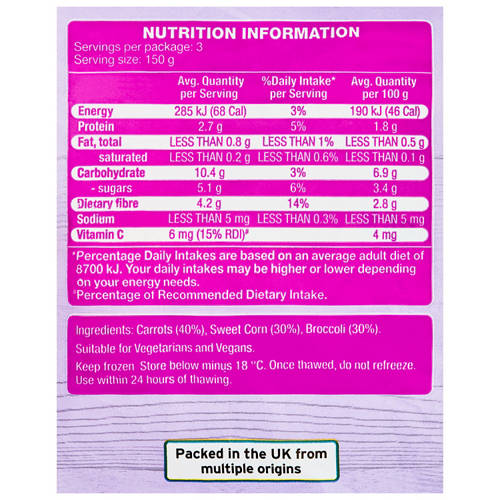 Nutrients 1, Carrot, Sweet Corn & Broccoli Quicksteam Vegetables  3 Pack 450g