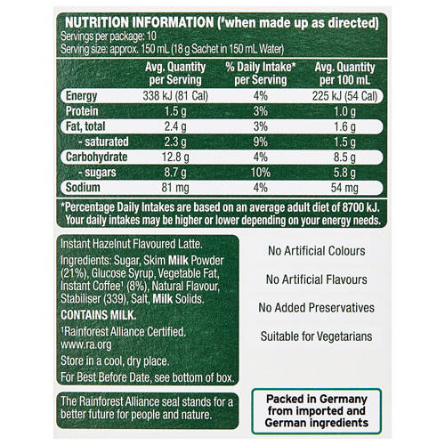 Nutrients 1, Hazelnut Latte Coffee Sachets 10 Pack 180g