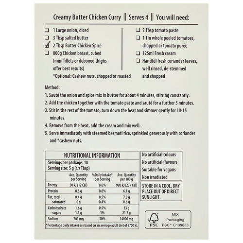 Front shot 3, Food Craft Cape Herb and Spice Meal Solution Butter Chicken 50 g