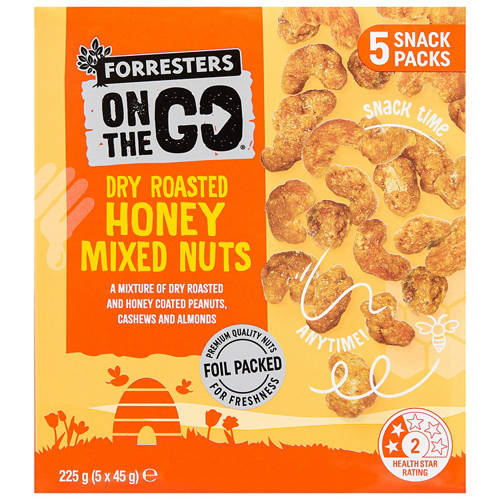 Front shot 2, On The Go Dry Roasted Honey Mixed Nuts 5 Pack 225g