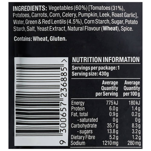 Ingredients 1, Tomato Vegetable & Lentil Soup 430g
