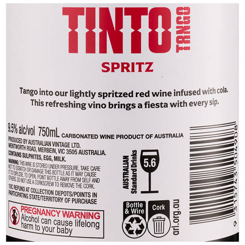 Front shot 3, Tinto Tango Cola Spritz 750mL