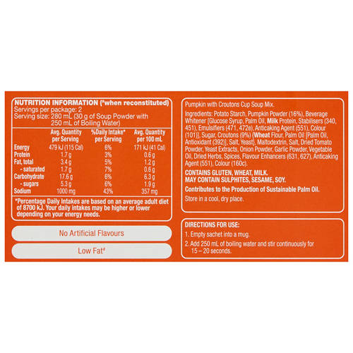 Nutrients 1, Homestyle Pumpkin with Croutons Soup in a Cup 2 Pack 60g