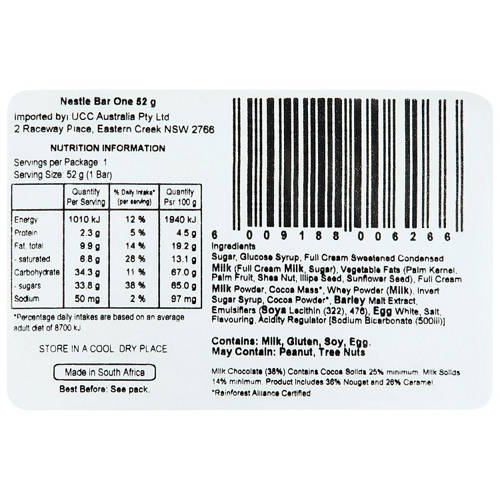 Nutrients 1, Bar One Chocolate Bar 52g