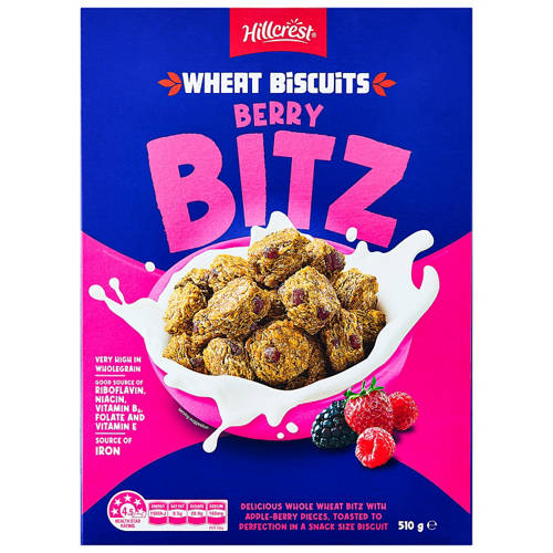 Front shot 2, HILLCREST, Wheat Biscuit Bites 510g, Berry