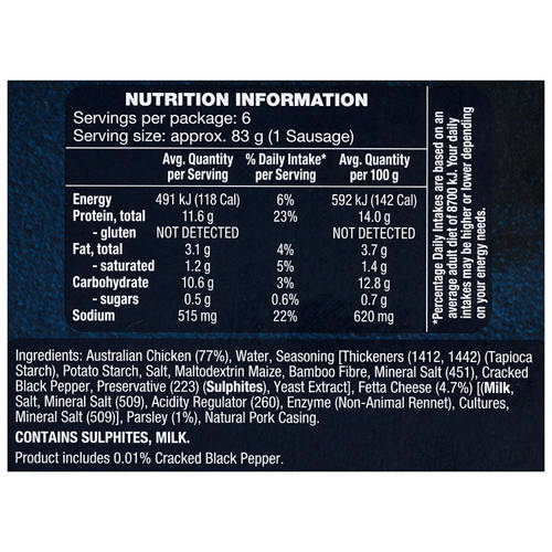 Ingredients 1, Chicken, Fetta & Parsley Sausages 500g