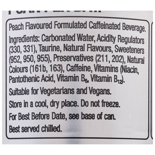 Ingredients 1, Just Peachy No Sugar Energy Drink 500ml