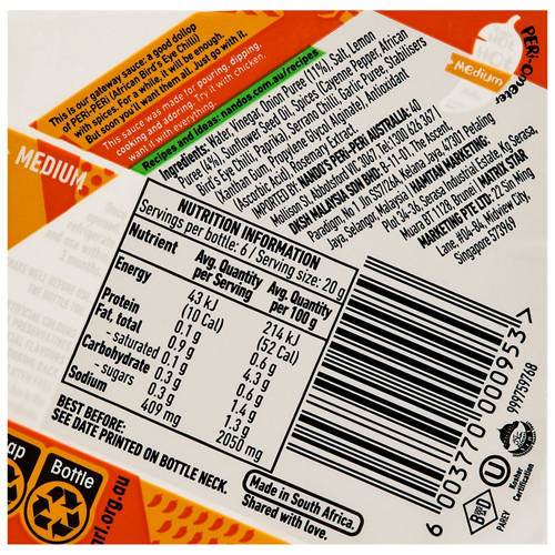 Nutrients 1, Medium Peri Peri Sauce 125g
