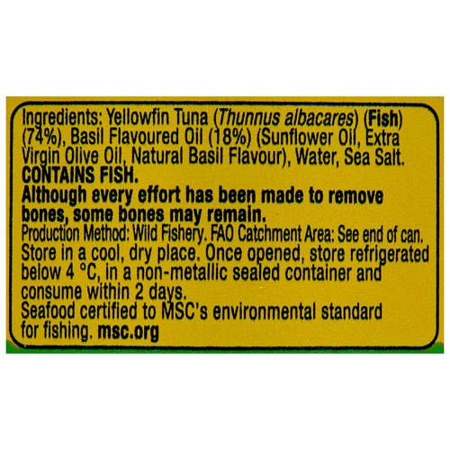 Ingredients 1, Yellowfin Tuna Chunks in Basil Flavoured Oil 95g