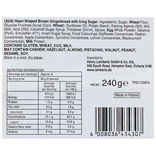 Ingredients 1, German Gingerbread Heart Sweetheart 240g