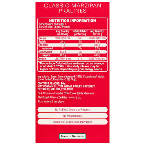 Nutrients 1, Delightful Classic Chocolate Marzpian Pralines 125g