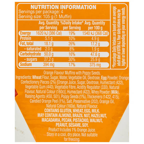 Nutrients 1, Orange & Poppyseed Muffins 4 Pack 420g