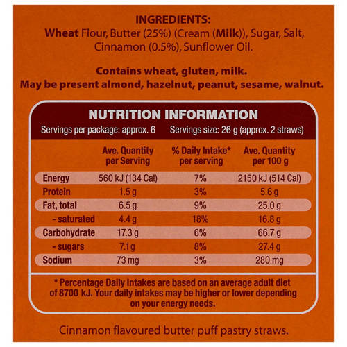 Nutrients 1, Pastry Biscuits Cinnamon Straws 150g