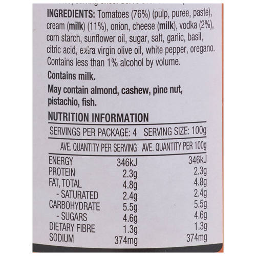 Nutrients 1, Vodka Tomato Pasta Sauce 400g
