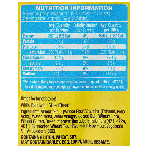 Nutrients 1, White Sandwich Sliced Bread 650g