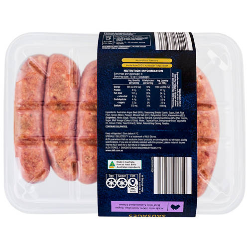 Front shot 2, Angus Beef & Caramelised Onion Sausages 450g